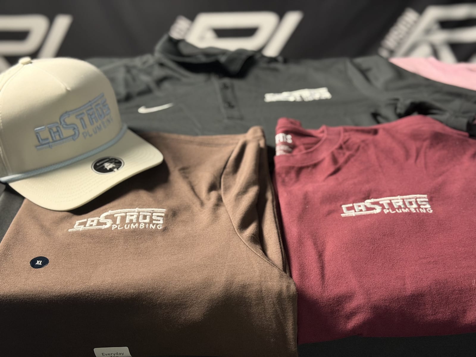 Castros Plumbing embroidered caps, tees, and polo